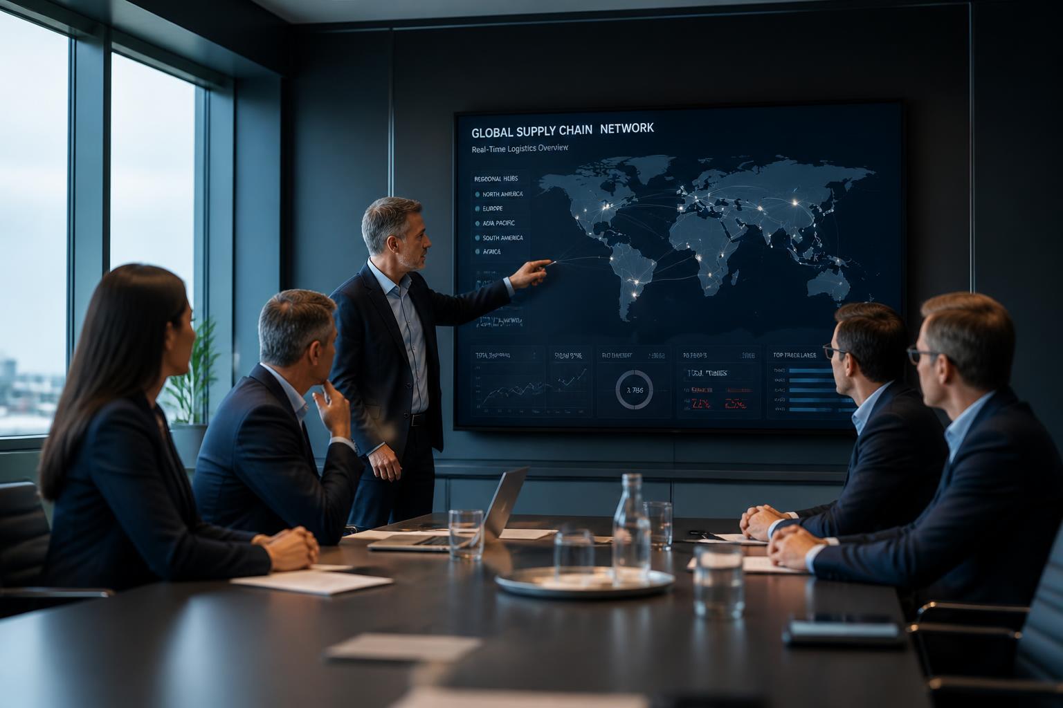 Executives reviewing a global supply chain network